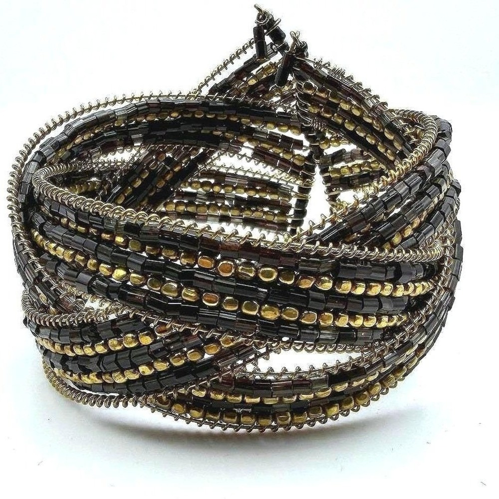 Vintage Cuff Wrap Beaded Braided Bracelet Black Gold Tone‎ Flexible Boho Unisex
